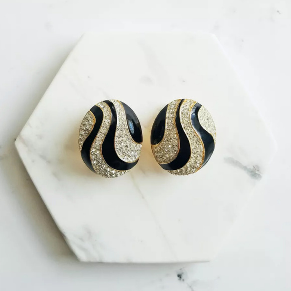 St. John Jewelry - SOLDStJohn Black Enamel RhinestoneGoldClipEarrings